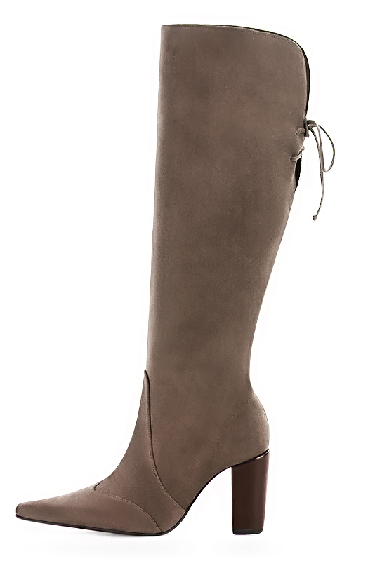 Chocolate brown women's knee-high boots, with laces at the back. Pointed toe. High block heels. Made to measure. Profile view - Florence KOOIJMAN
